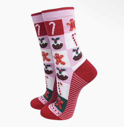 Christmas Sweets Squares Women's Bamboo Socks in Pink/Red
