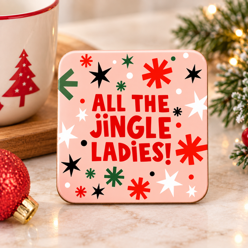 All the Jingle Ladies Christmas drinks coaster with a fun festive design, included in a Christmas mini gift box